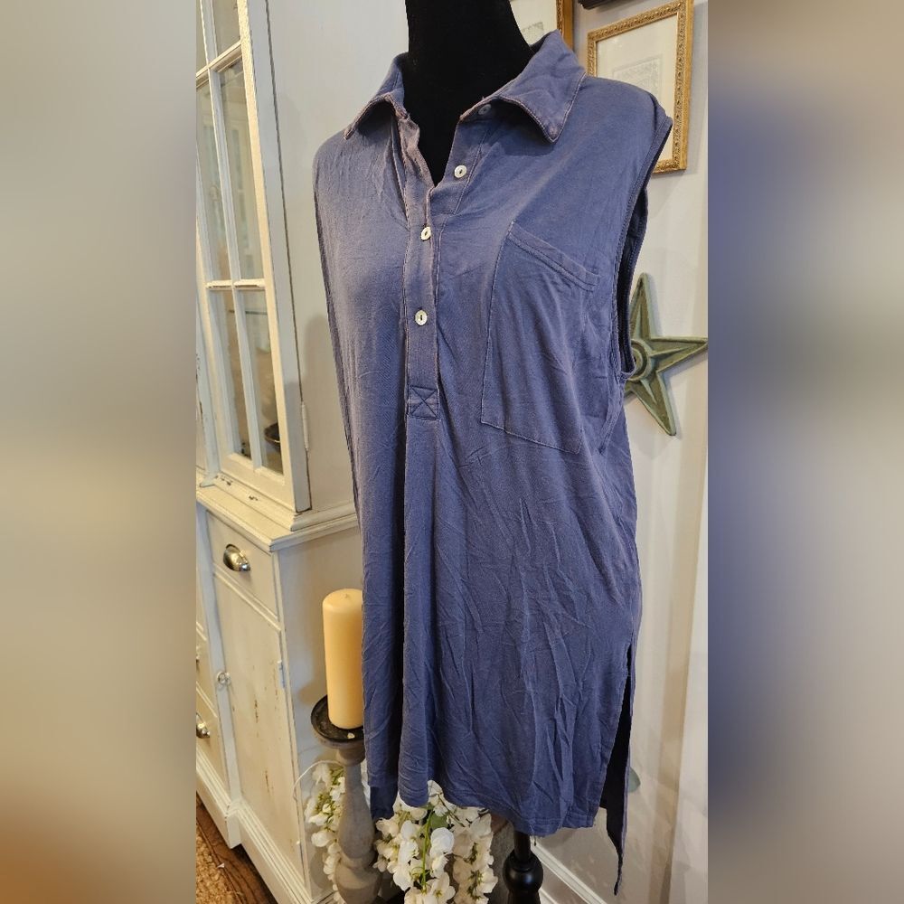 POL High-Low Collared Distressed Blue Oversized Tunic‎ Size Small
